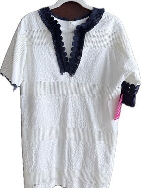 Badgley Mischka White Dress with Navy Trim